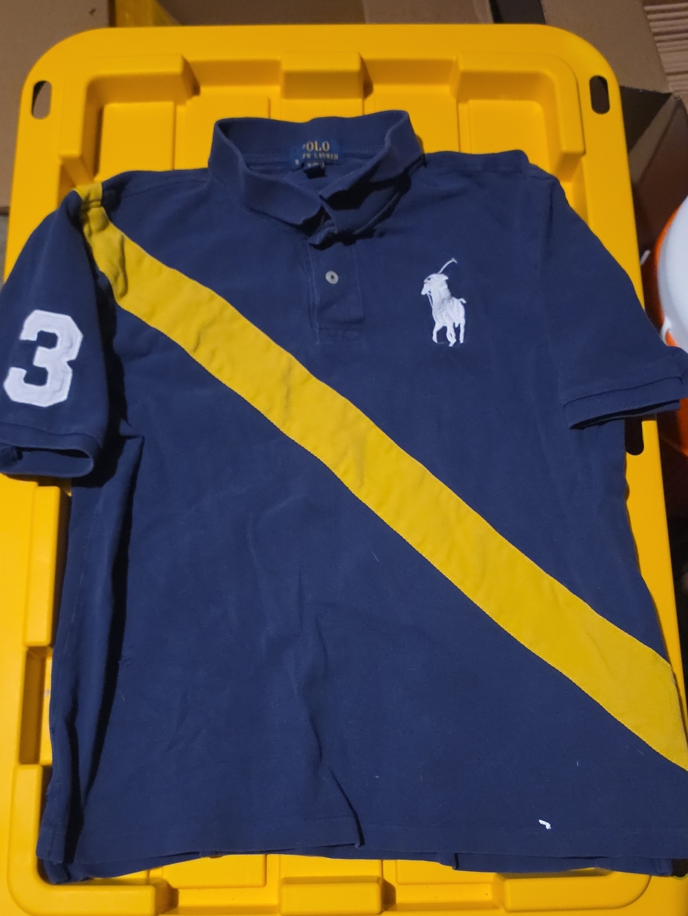 Polo by Ralph Lauren Navy Polo with Yellow Diagonal Stripe and White Pony